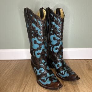 Corral Womens 7 Western Cowboy Boots Brown Turquoise Leather Full Inlay Snip Toe